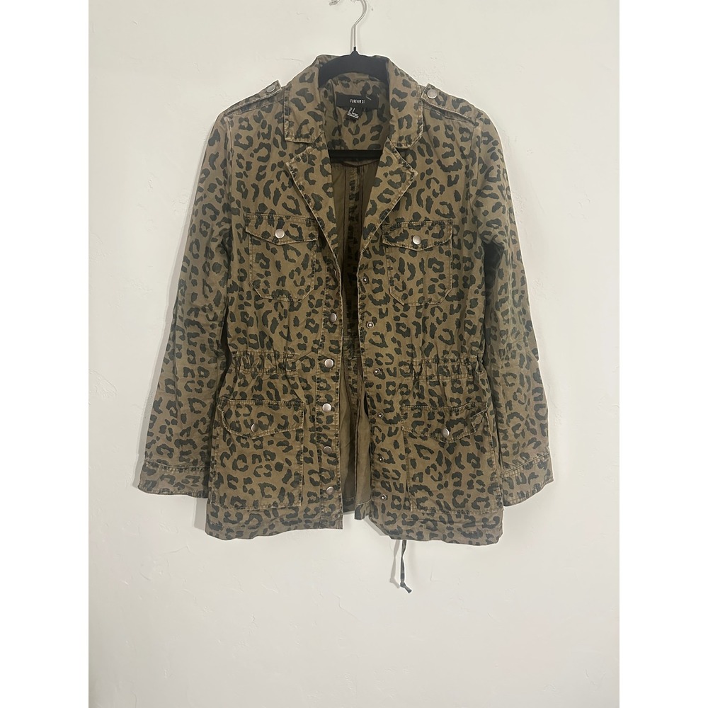 Forever 21 Leopard Print Jacket Womens S Drawstring Waist Safari Military Style